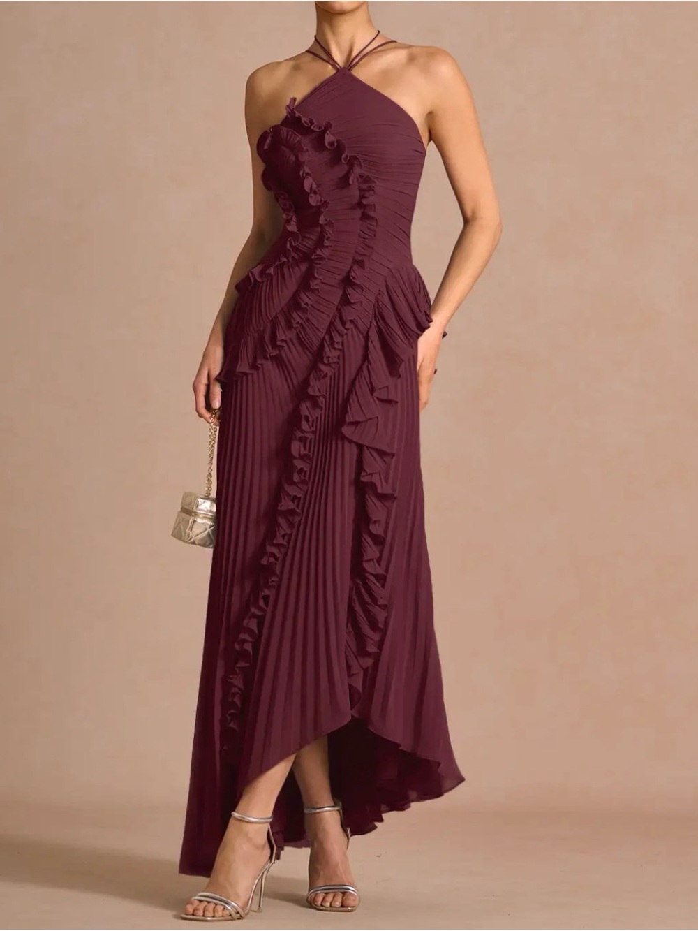 NWT Azazie Hatsu Maxi Dress - Ruffled Halter High Low Dress in Wine